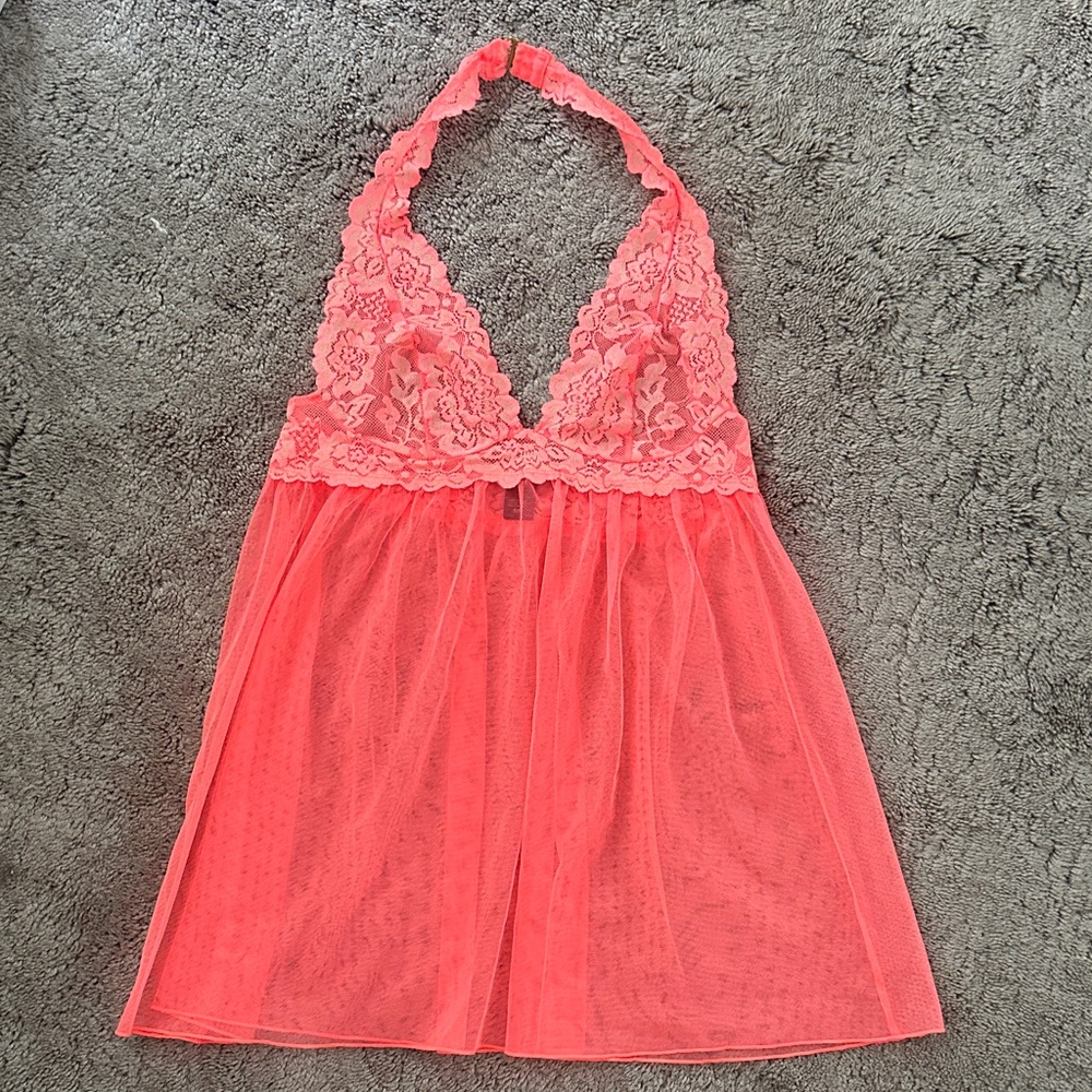 Lace Halter Babydoll in Coral Pink